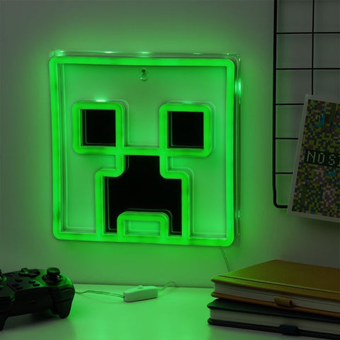 Paladone Minecraft Creeper wall light highlights gaming setups with mood lighting.