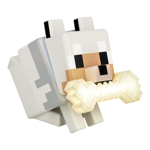 Paladone Minecraft Wolf Globuddies 3D light glows softly on a desk for late-night gaming.
