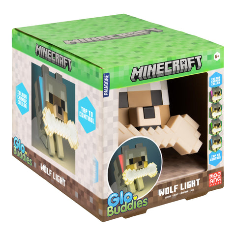 Paladone Minecraft Wolf Globuddies, tap-to-change colour, enhances mood lighting in any gaming setup.