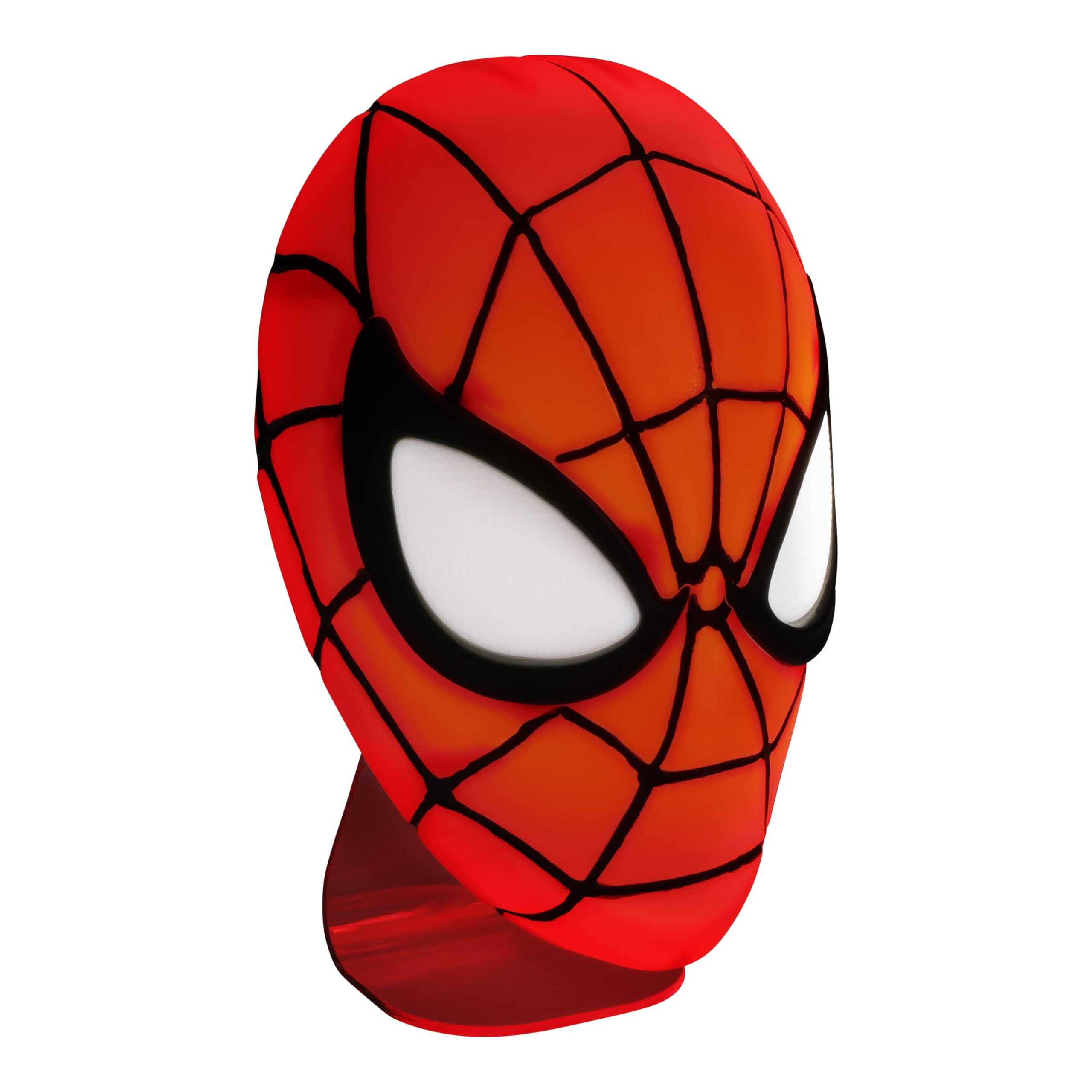 Paladone Spider-Man mask light on desk with ambient glow for reading and study