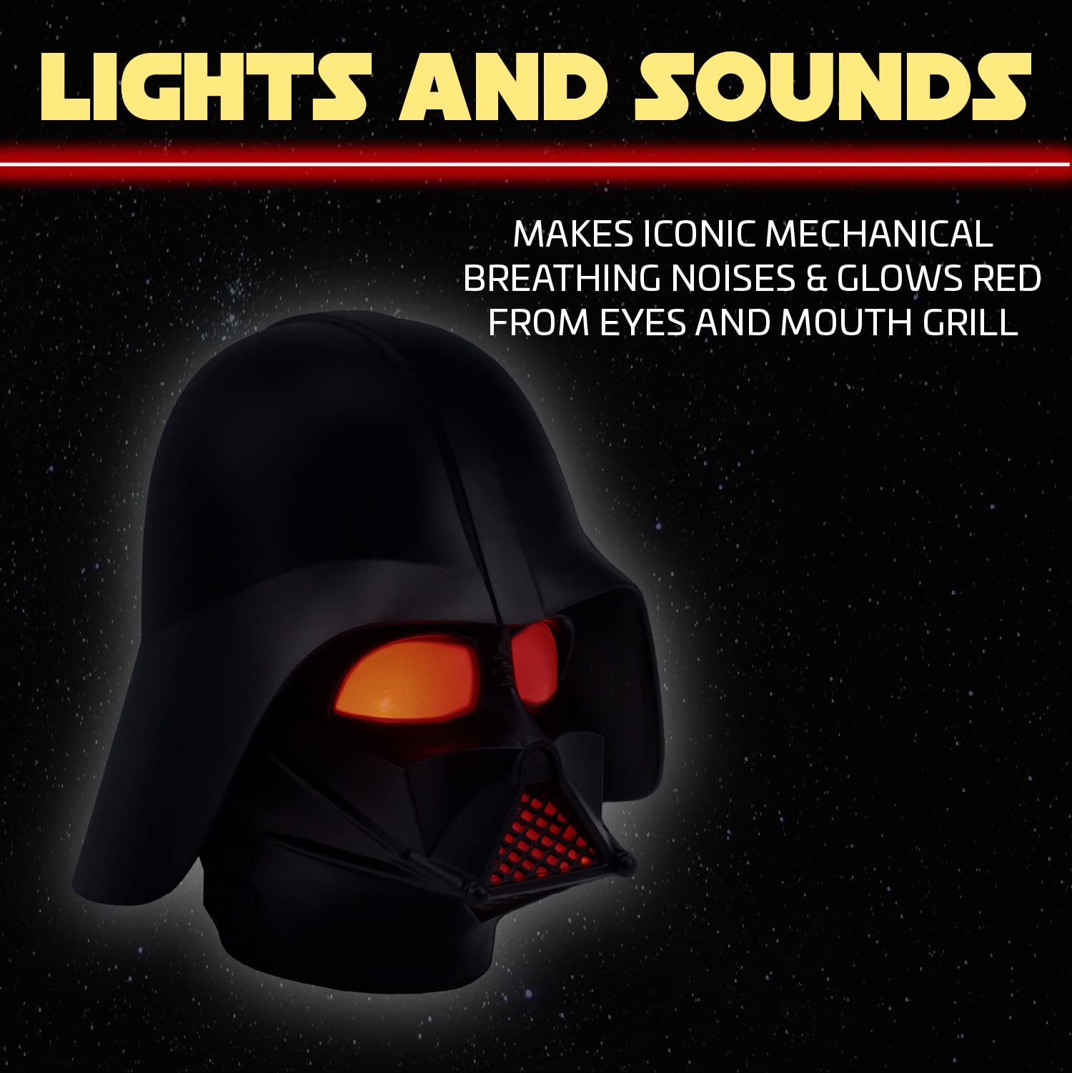 Paladone Darth Vader helmet on shelf illuminated for movie nights.