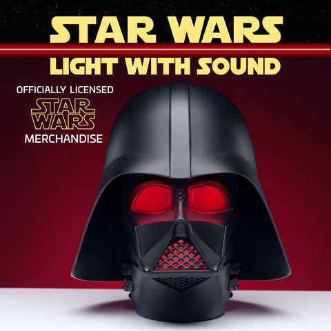 Paladone Darth Vader helmet red glow adds dramatic ambience to a shelf display.