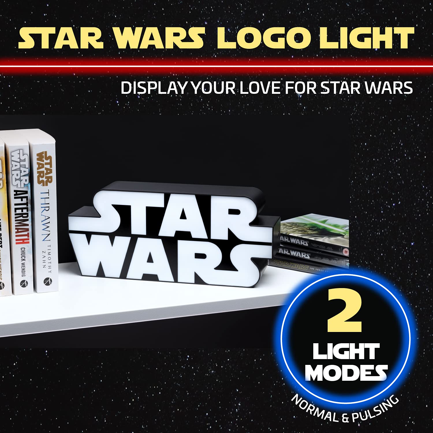 Paladone Star Wars Logo Light shelf-standing on a desk or shelf.