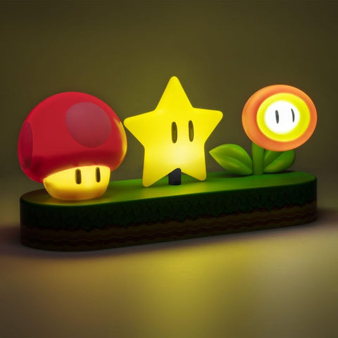 Paladone Super Mario Icons Light fits desks and shelves with compact dimensions.