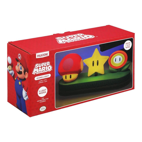 Paladone Super Mario Icons Light icon showcase highlights power-up icons for fans.