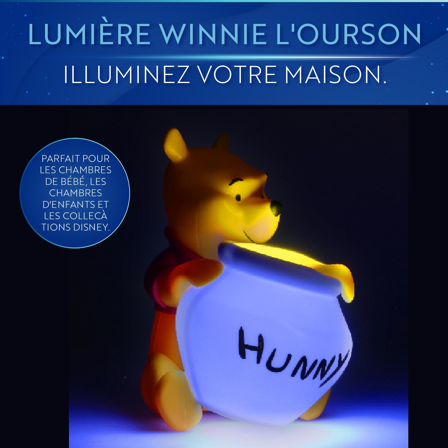 Closeup of Paladone Winnie the Pooh Hunny Light highlighting warm illumination.