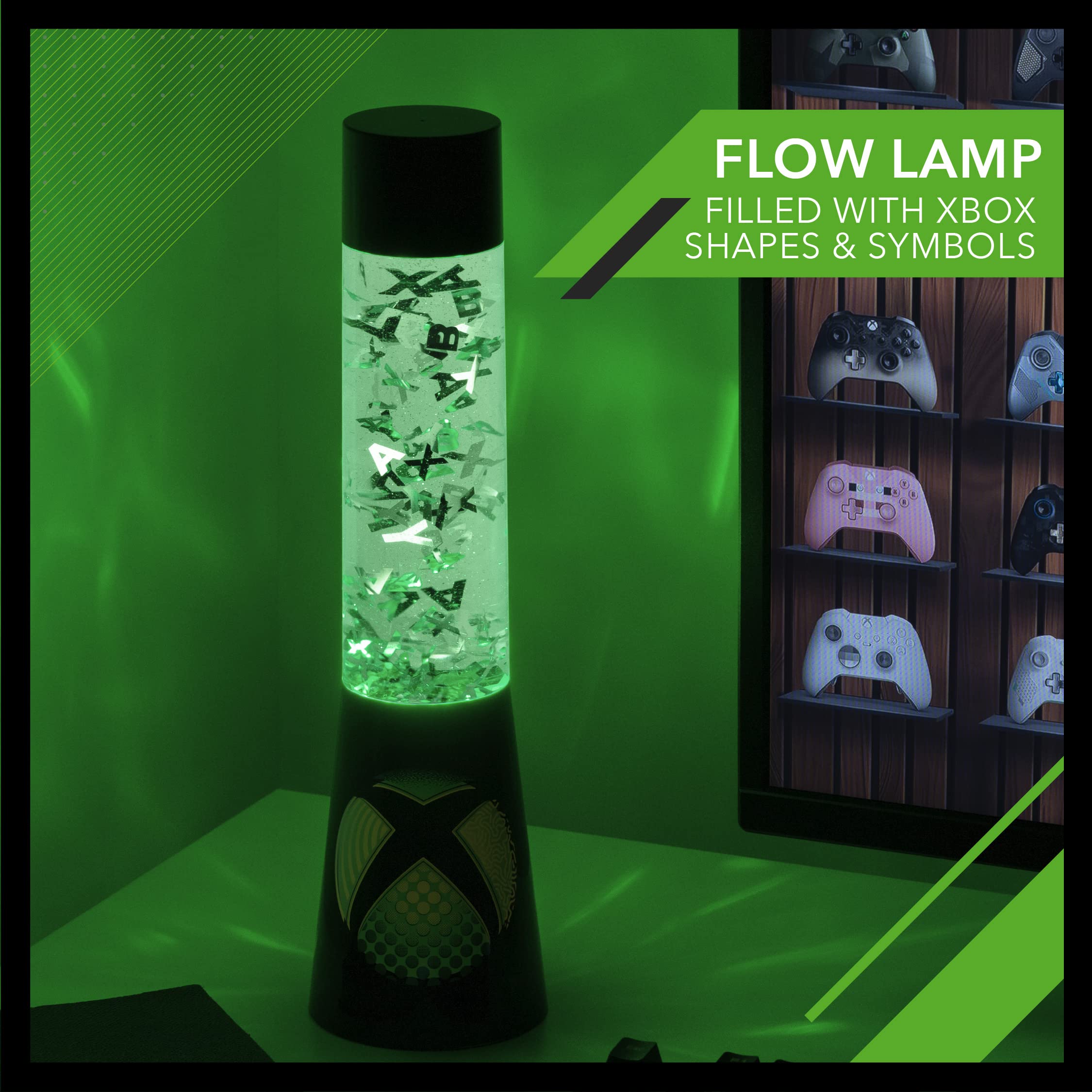 Paladone Xbox Glitter Flow Lamp shows floating controller icons for visual interest
