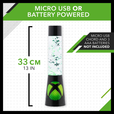 Paladone Xbox Glitter Flow Lamp emits a gentle green glow at 33 cm height