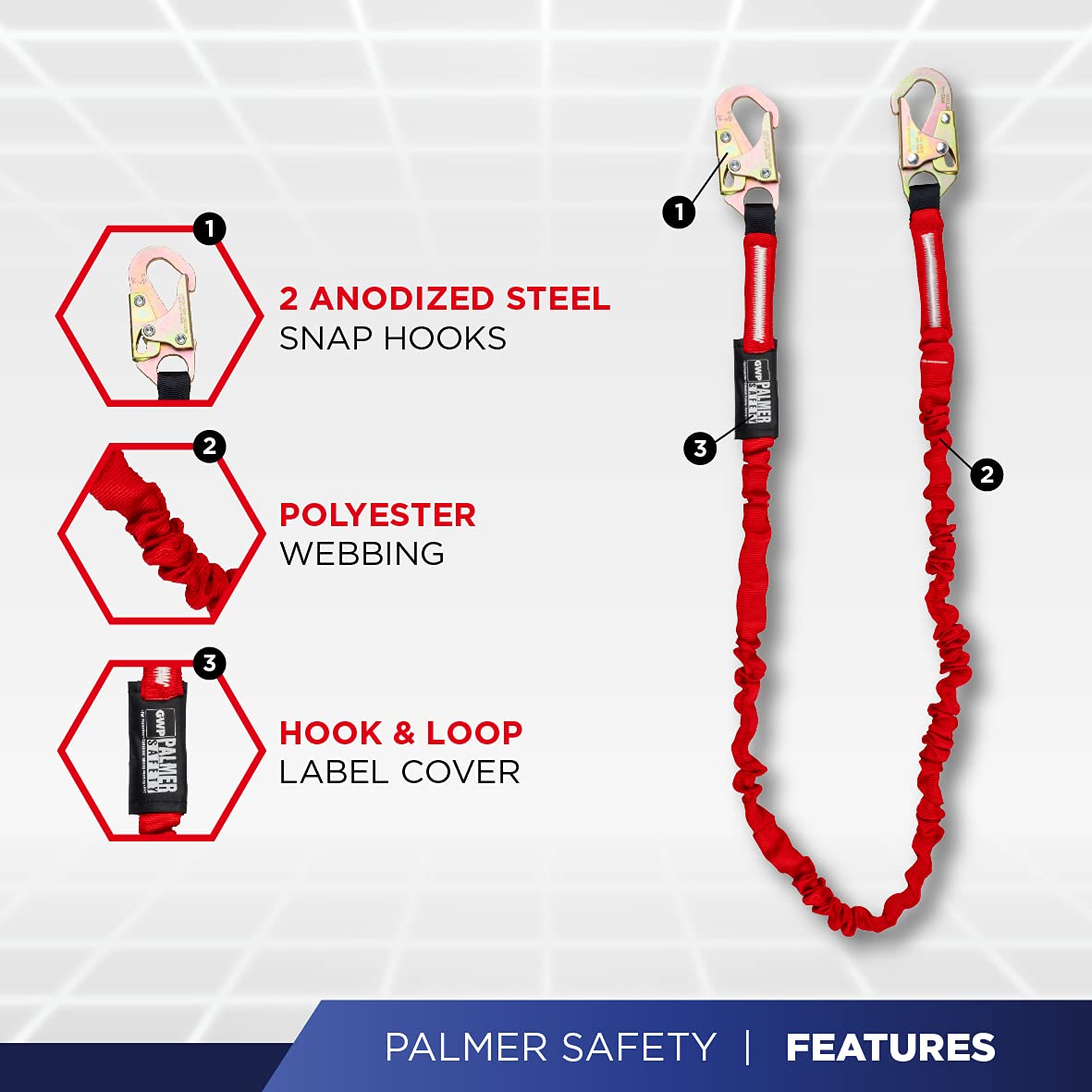 Palmer Safety L121133 dual snap hooks close-up on rugged hardware for secure connections.
