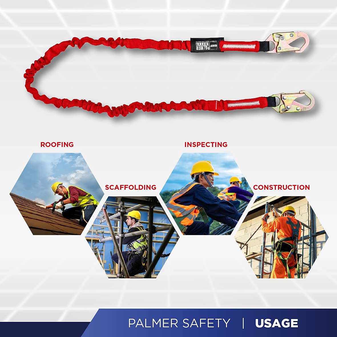Palmer Safety L121133 lanyard connected to a safety harness on site.
