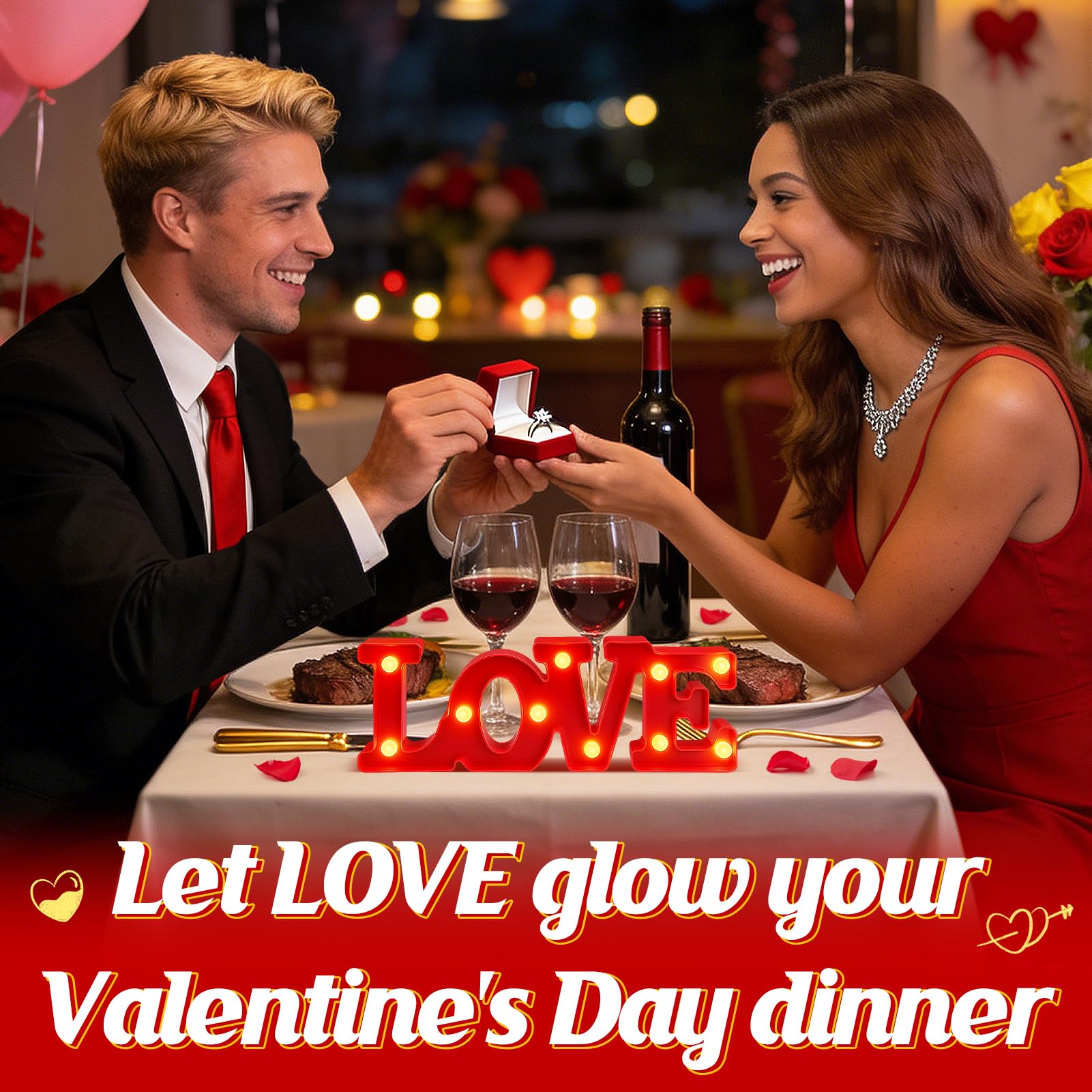 PAMASE Love Sign LED Valentines letters red on table for intimate mood