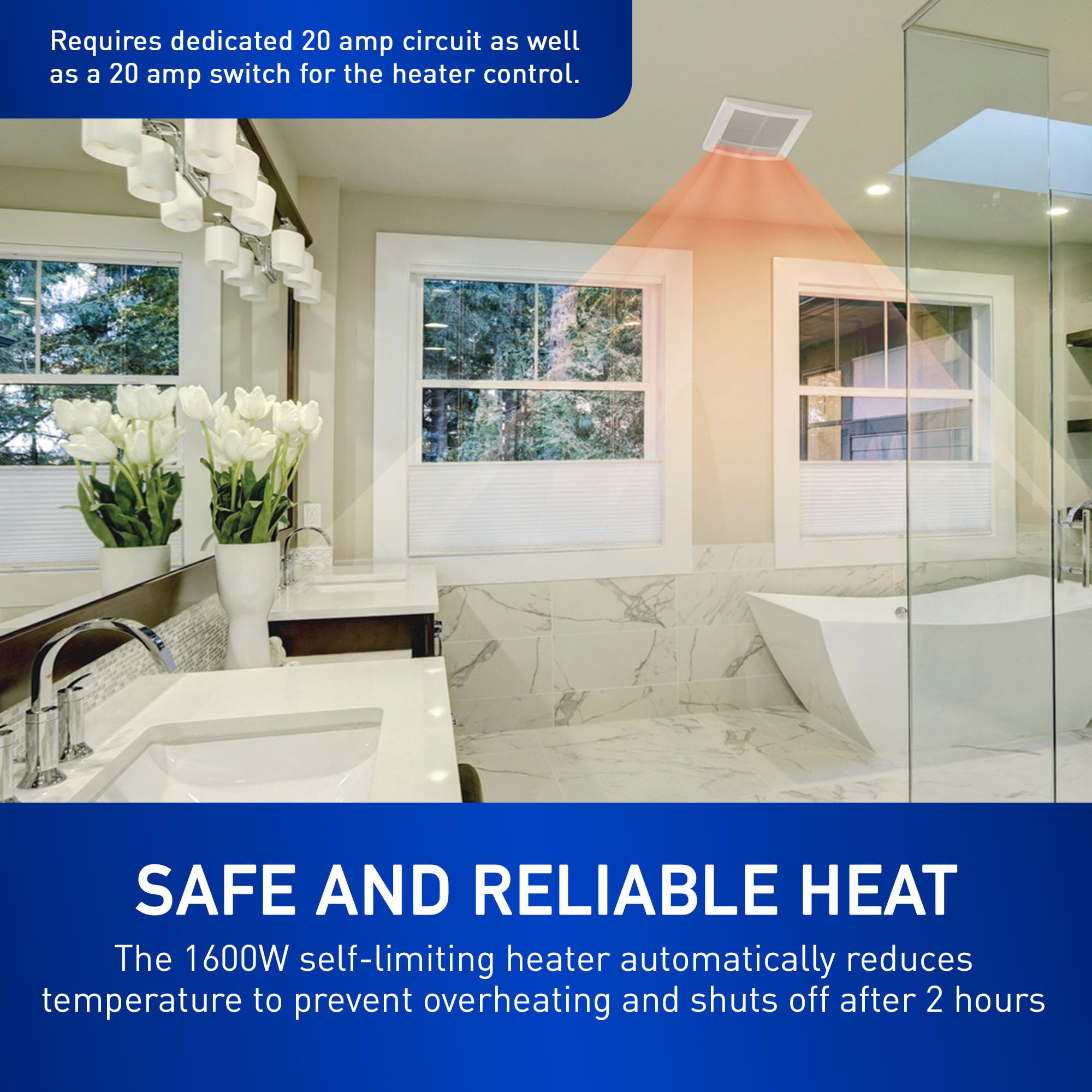 Energy Star-certified Panasonic ventilation supports efficient bathroom operation.