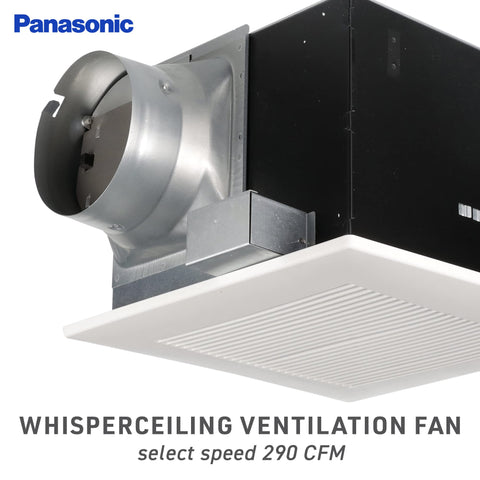 Panasonic WhisperCeiling FV-30VQ3 side view highlighting compact ceiling footprint for bathrooms.