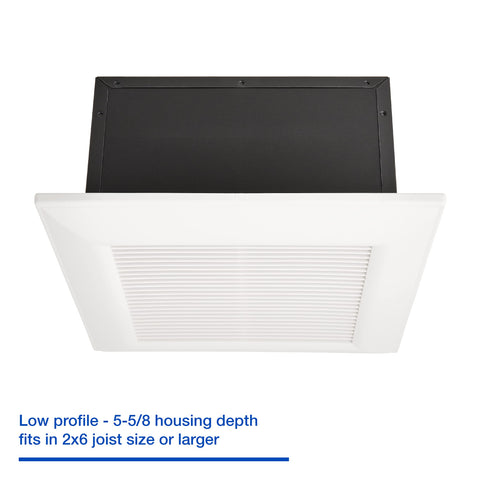 Panasonic WhisperFit FV-0511VF1 low-profile housing fits 2x6 joists for retrofit spaces.