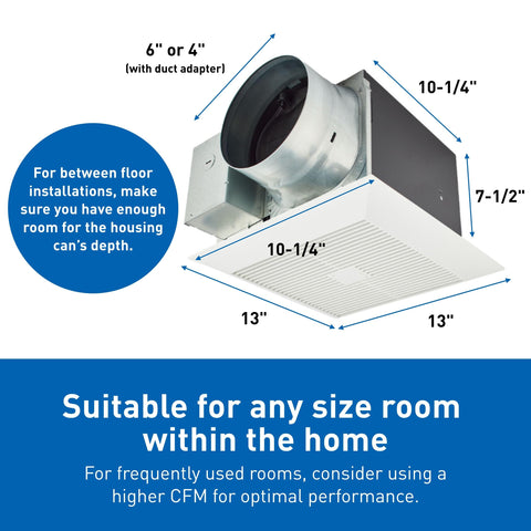Panasonic WhisperGreen Select dual-speed fan with 30–110 CFM range for flexible ventilation.