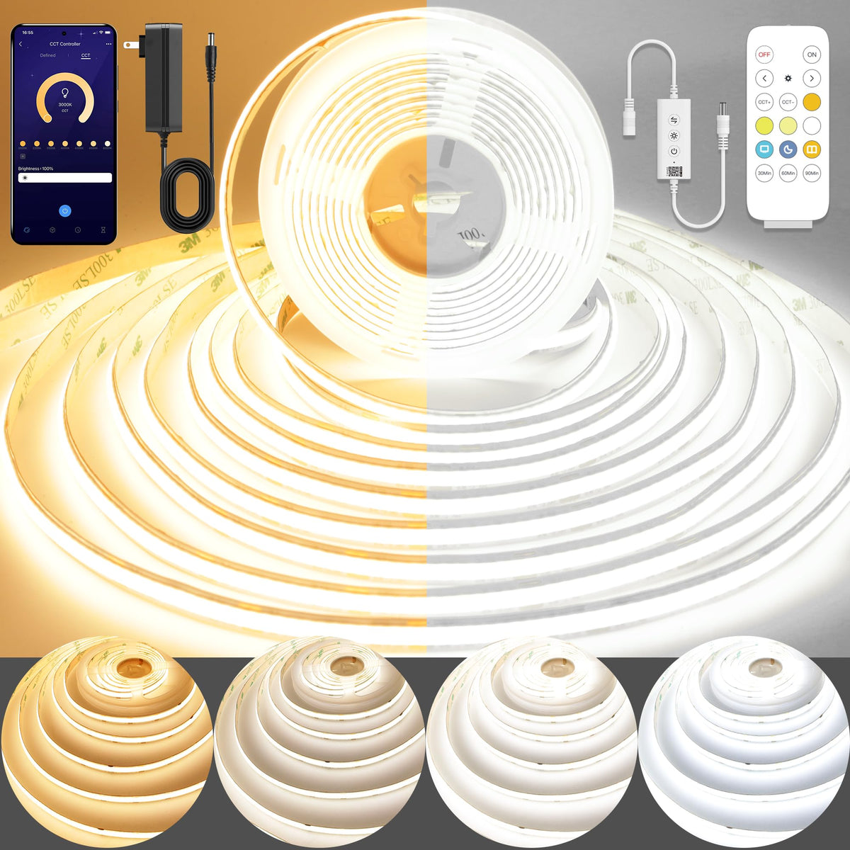 Pandery COB LED strip light showing 2700K to 6500K range for warm to cool ambient lighting