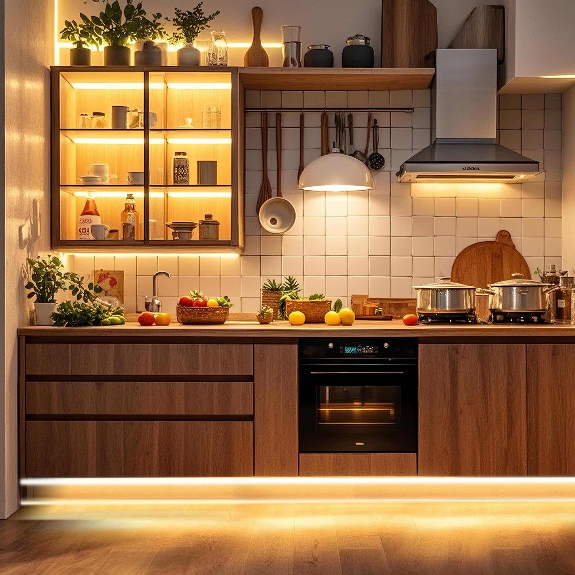 Pandery strip lights create warm bedroom ambience.