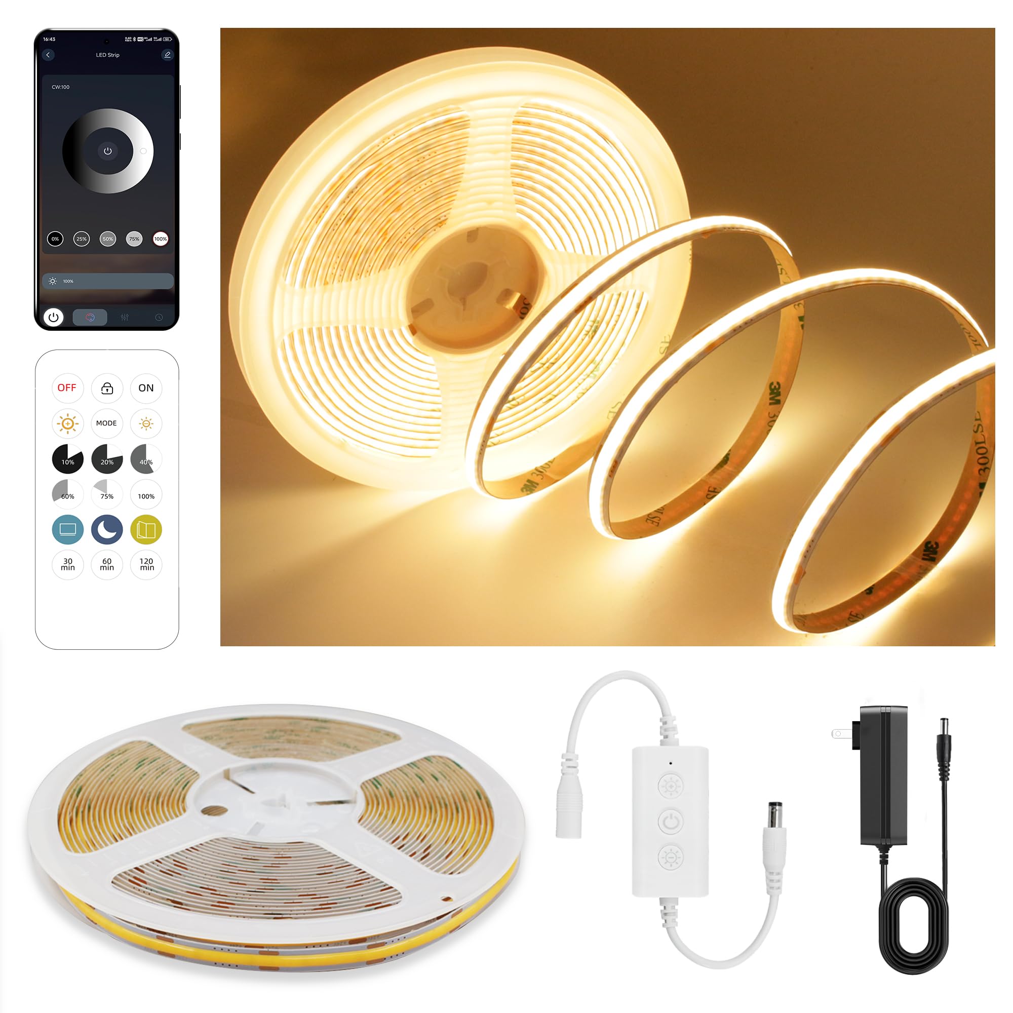 Pandery COB LED strip with remote control for easy dimming and ambience.