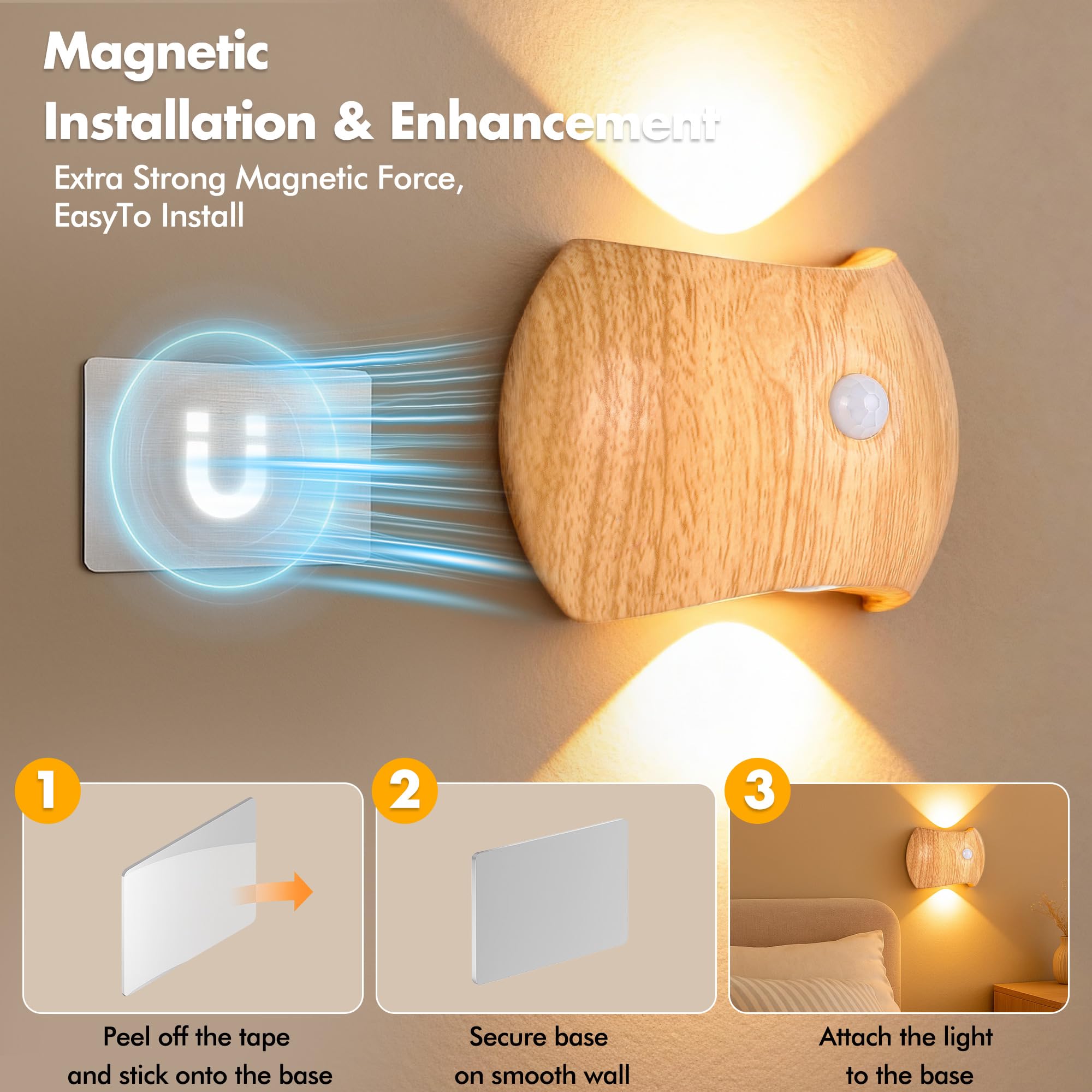 PANGTON VILLA wood grain wall sconce mounted magnetically for flexible placement