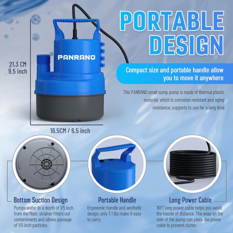 PANRANO pump operating in water to drain basements and pools.
