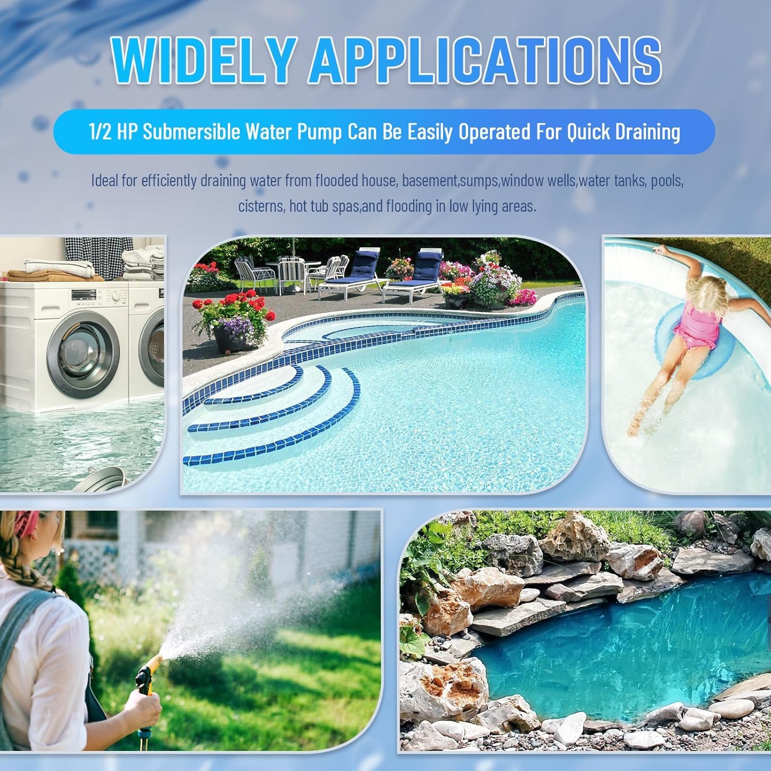 PANRANO pump ideal for basements, pools, ponds, and gardens.