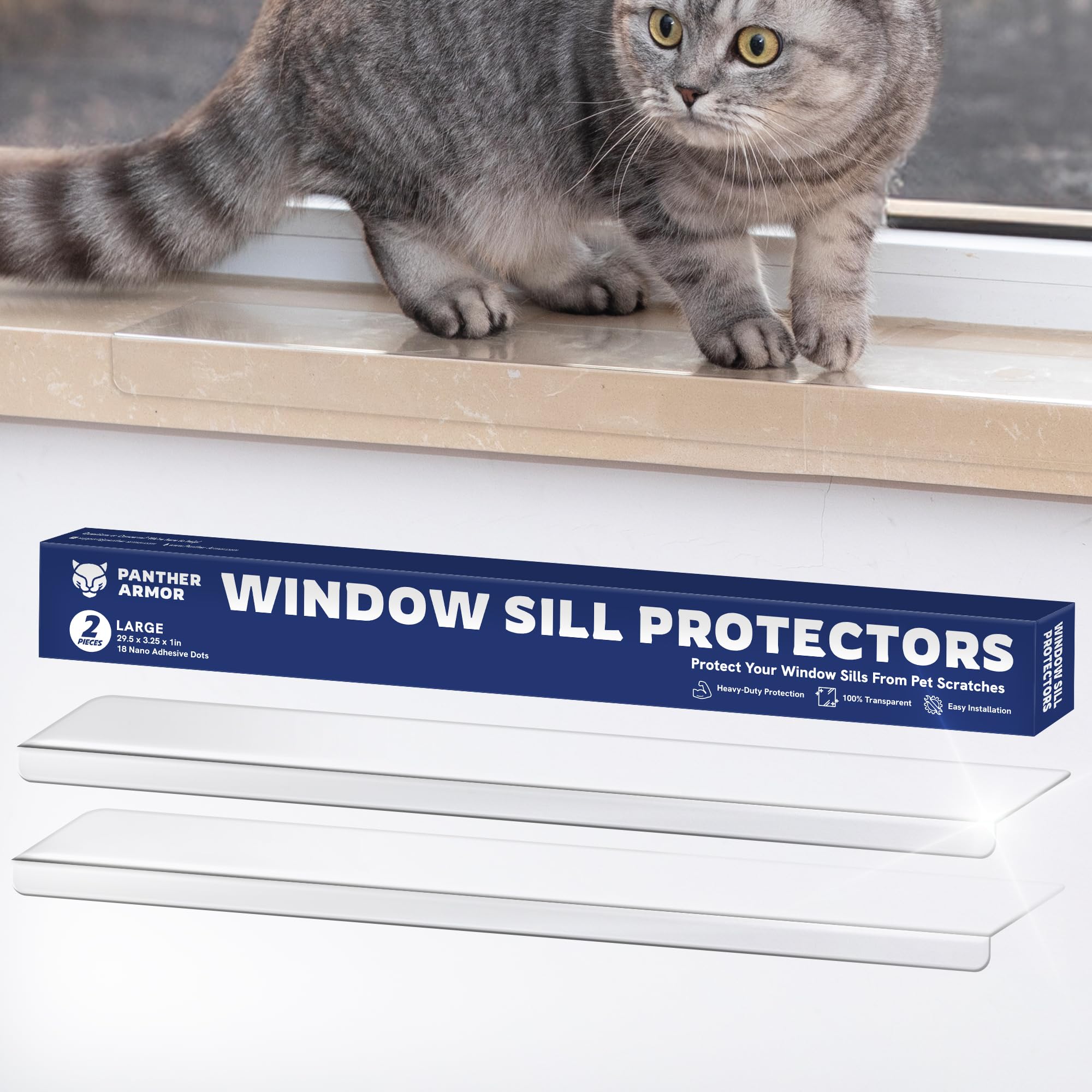 Panther Armor 2Pack window sill protector guards a wide sill from pet scratches.
