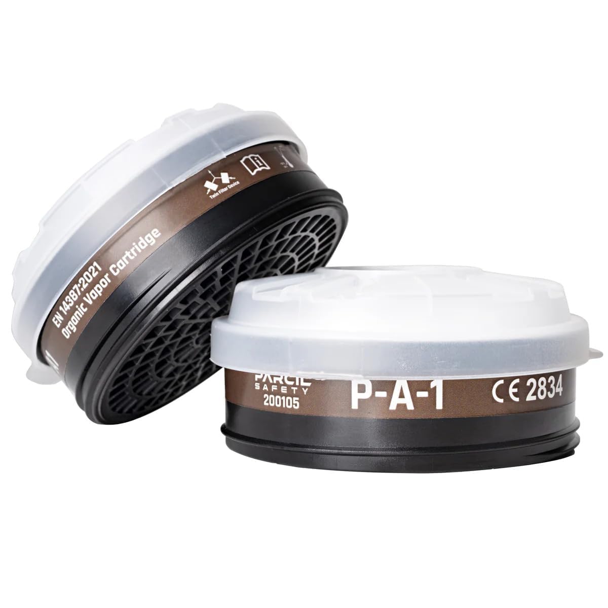 Parcil P-A-1 carbon activated replacement filters for PD-100 and T-60 masks provide vapor protection.