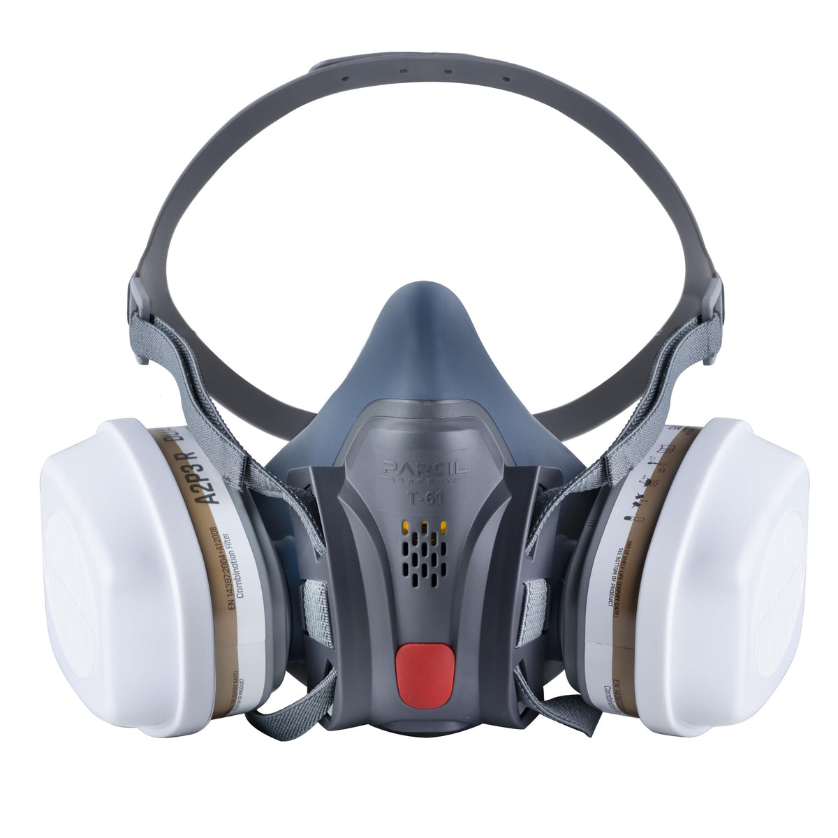 Parcil T-61 half-face respirator front view for extended wear comfort.