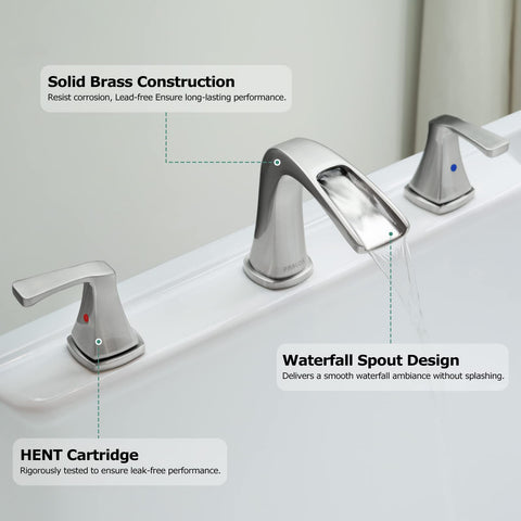 PARLOS deck-mounted faucet with brushed nickel finish complements modern baths.