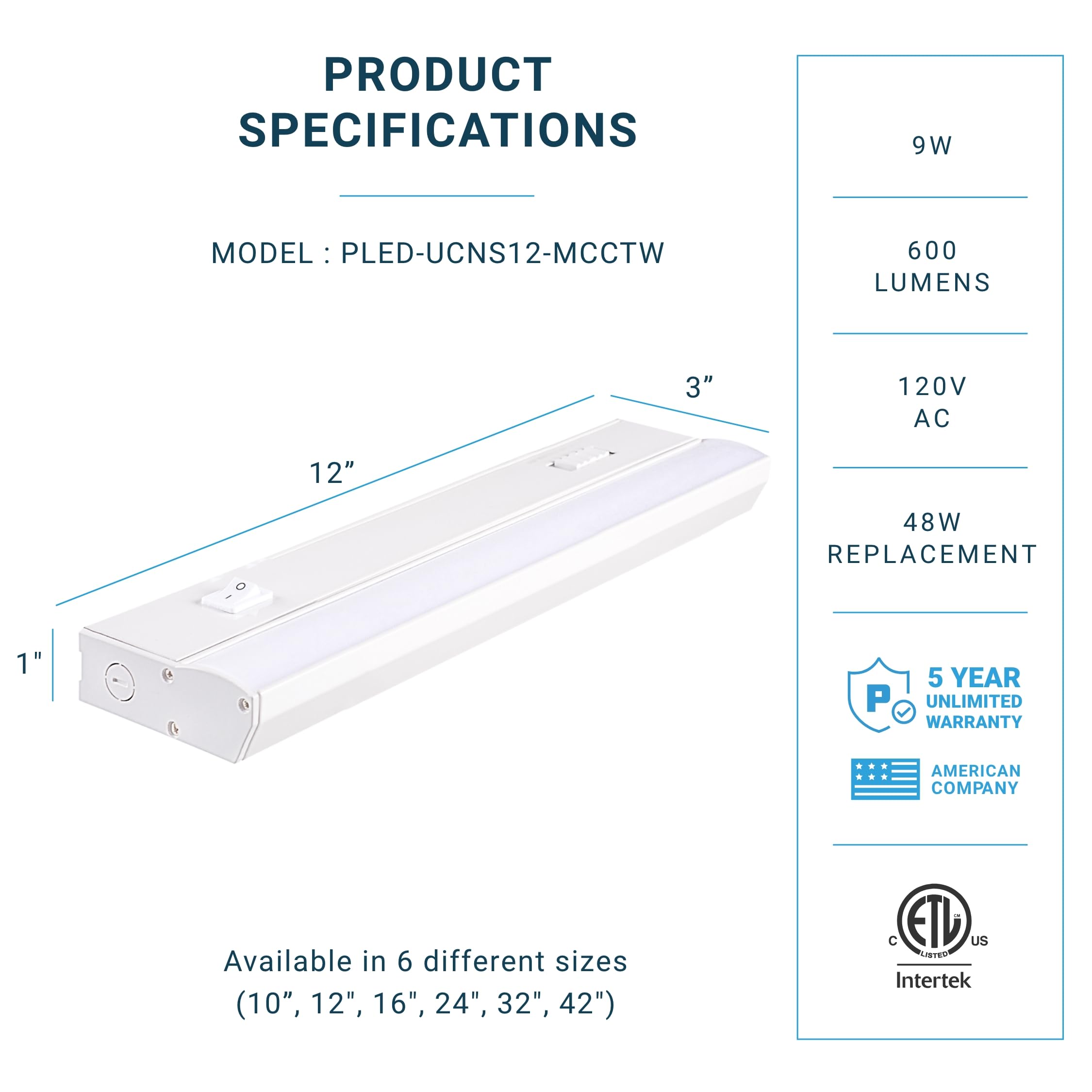 Parmida LED under-cabinet 5CCT switch enabling warm to cool tones for ambiance.