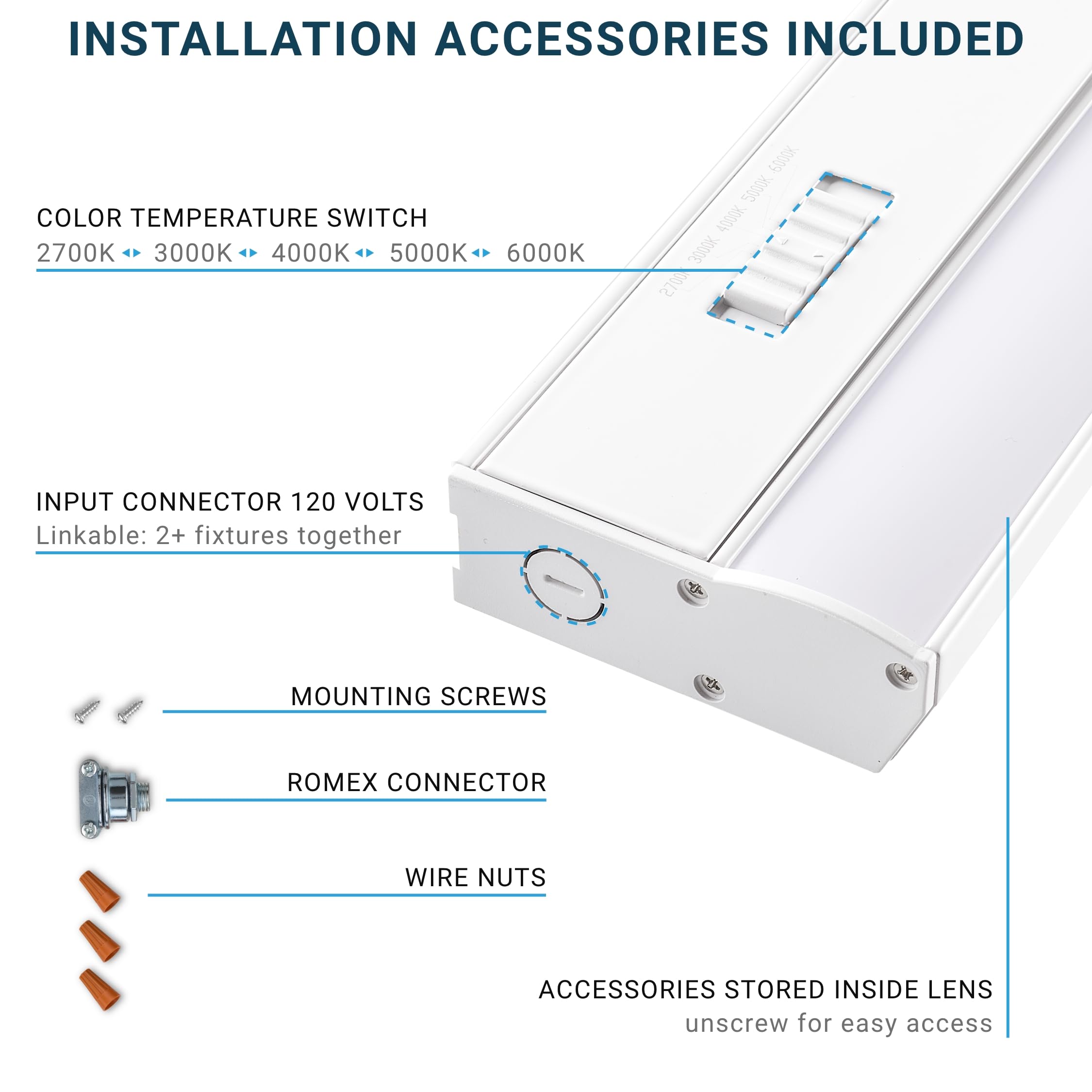 Parmida LED under-cabinet hardwired installation with included mounting hardware.
