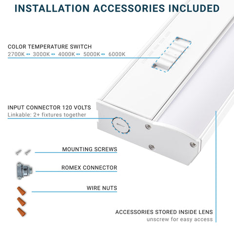 Parmida LED under-cabinet hardwired installation with included mounting hardware.