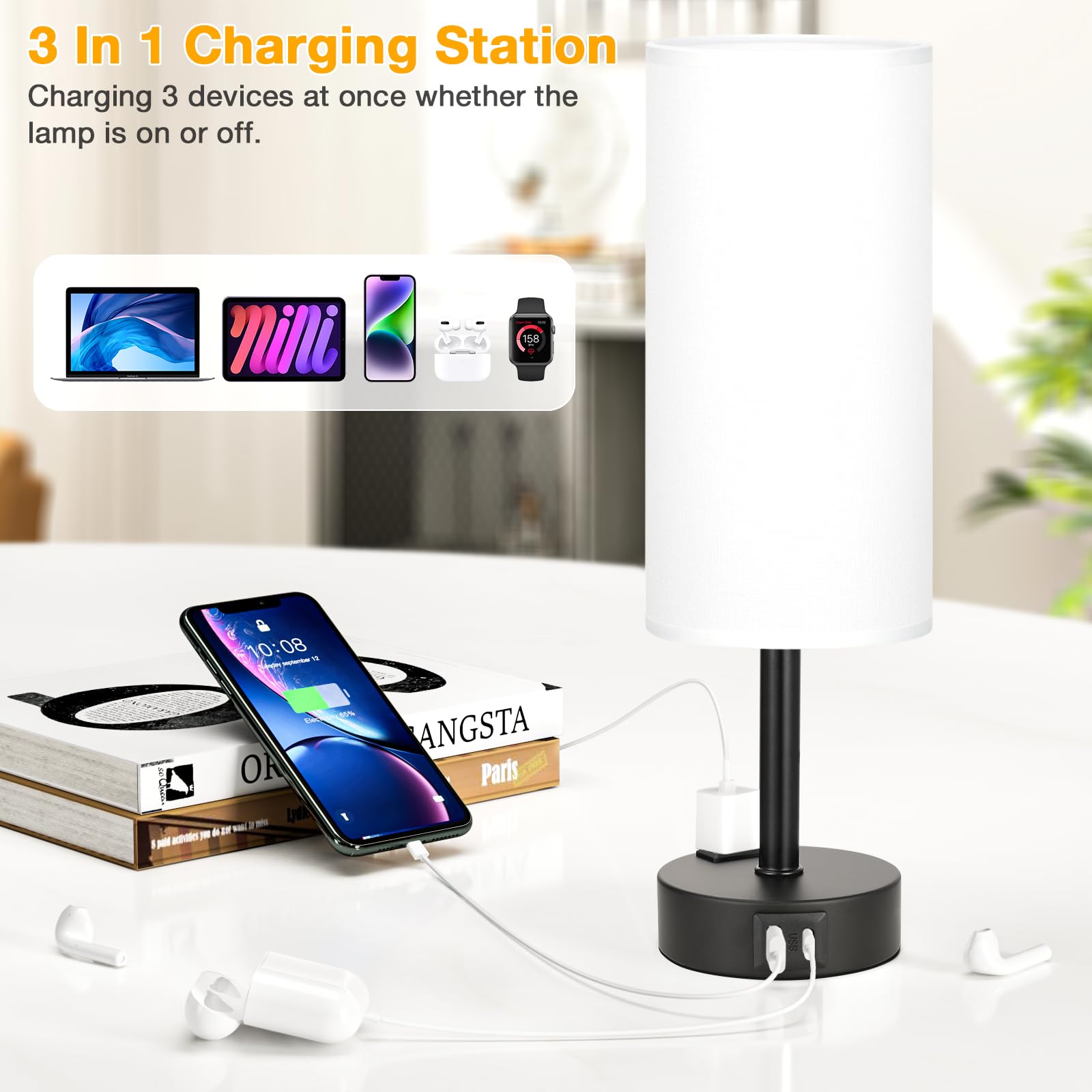 PartageiZ 3-way dimmable table lamp on a nightstand for versatile light levels.