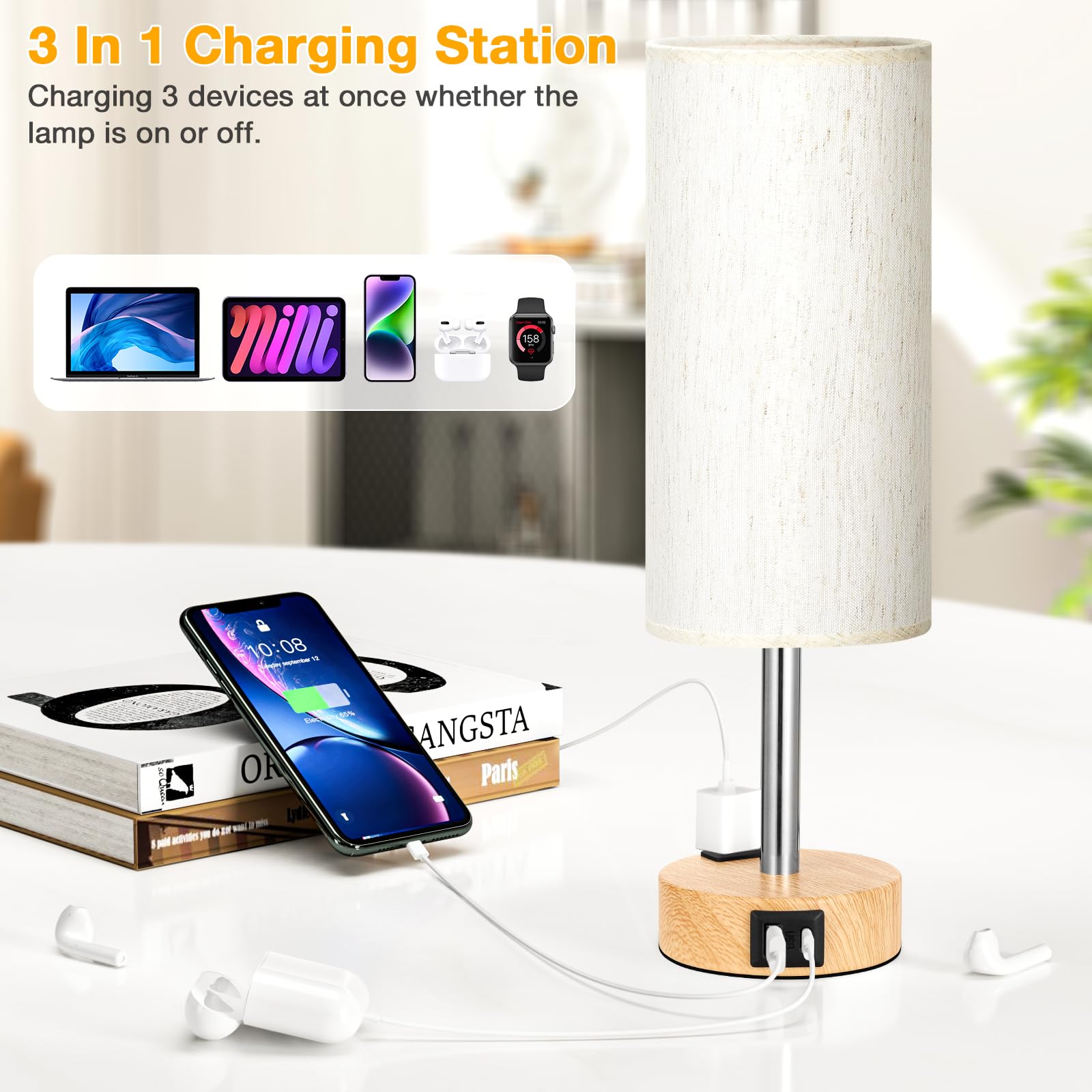 PartageiZ bedside lamp with USB-C port charges devices overnight.