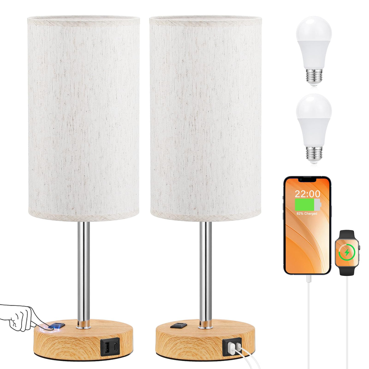 Partageiz bedside lamps on a nightstand with touch controls offering adjustable brightness.