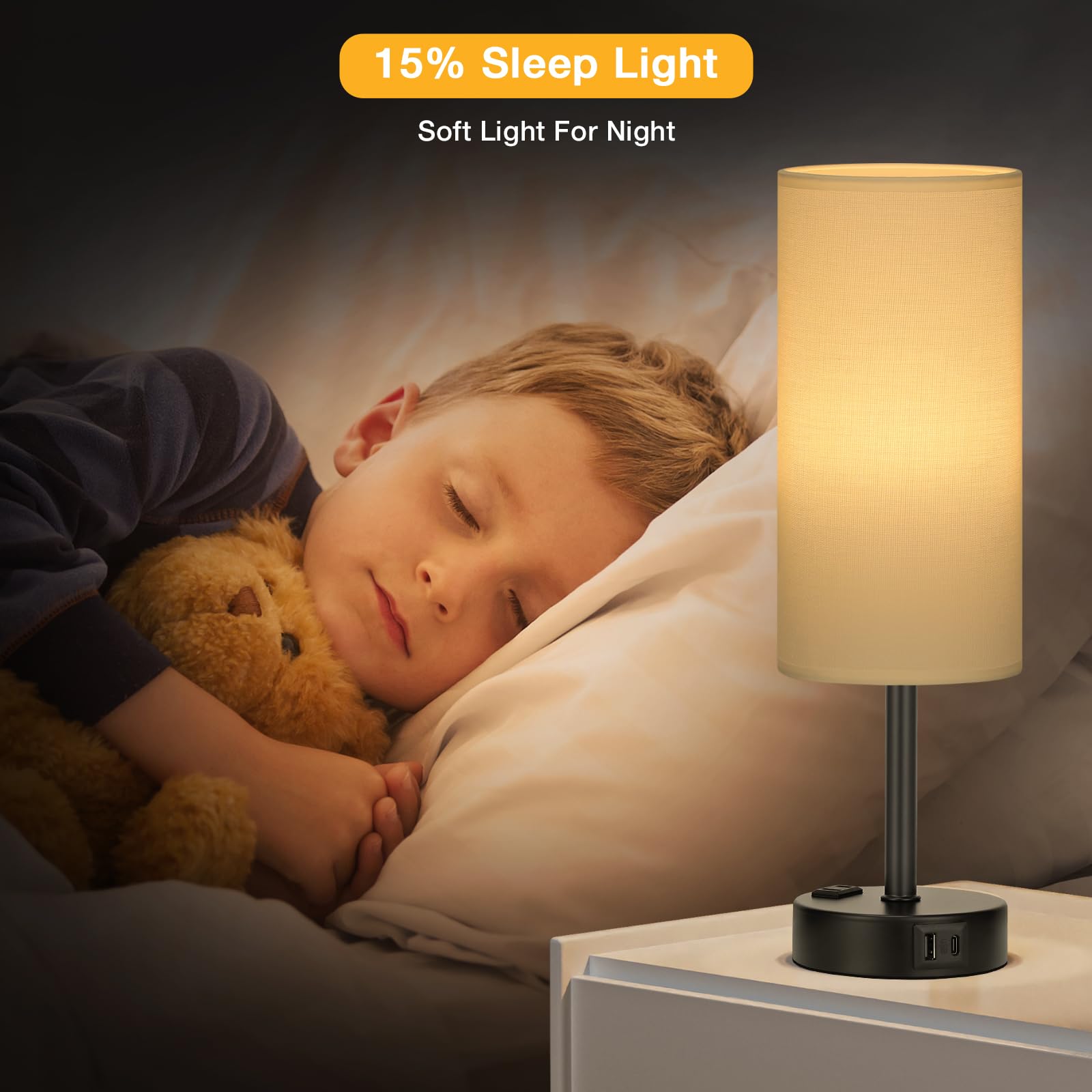 PartageiZ outlets and USB ports keep bedside devices powered.