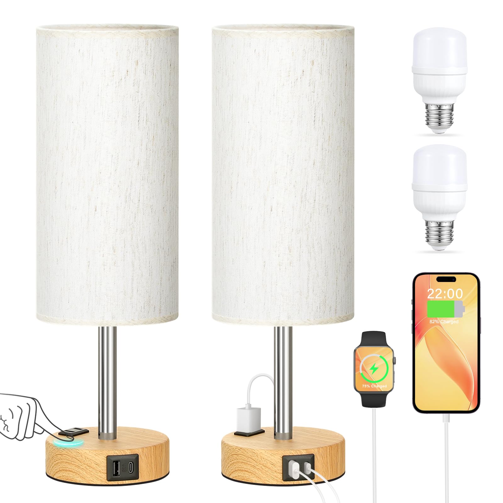 PartageiZ touch bedside lamp with wood base for quick brightness control.
