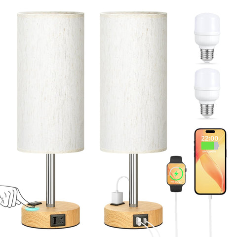 PartageiZ touch bedside lamp with wood base for quick brightness control.