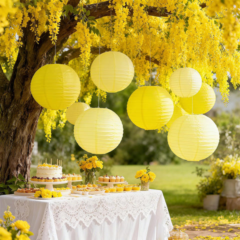Partiazy yellow paper lantern 8inch pack adds warmth to tables and corners.