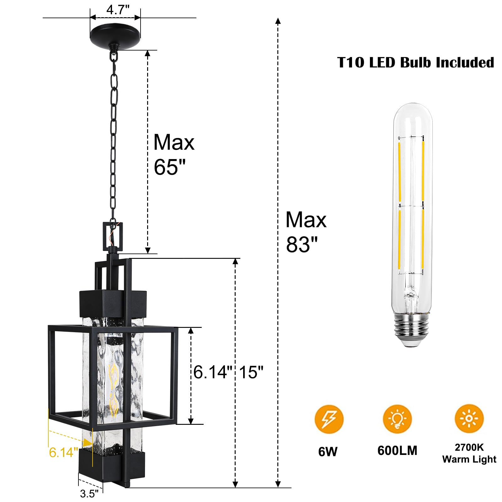 PARTPHONER 15-inch outdoor pendant light side view, showcasing durable damp-location design.
