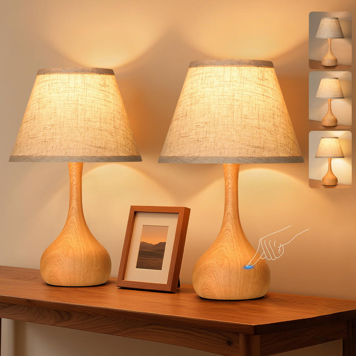 PARTPHONER 17-inch touch table lamp base with wood grain teardrop and linen shade for bedrooms.