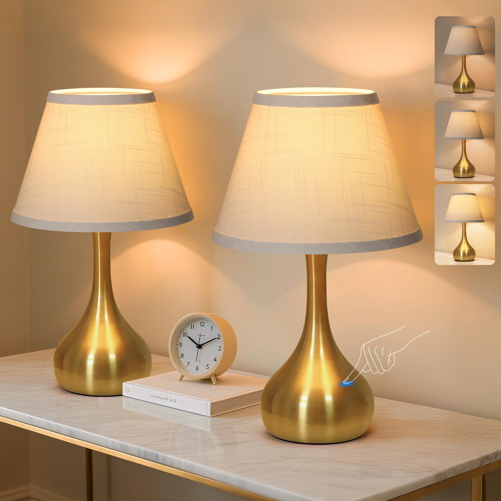 PARTPHONER 17-inch touch table lamp with bedside base and linen shade for easy dimming.
