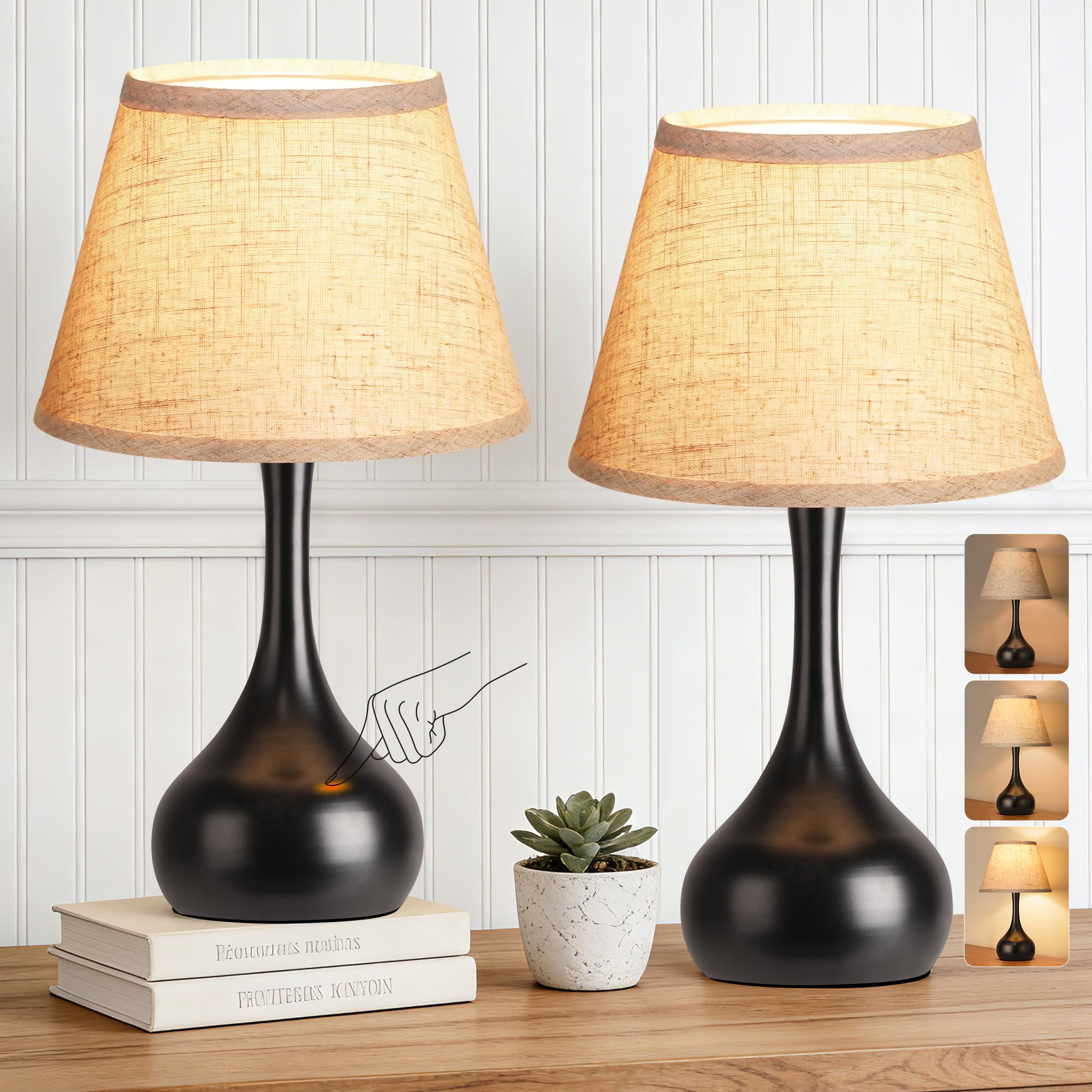 PARTPHONER 17-inch table lamp with beige linen shade for warm bedrooms.