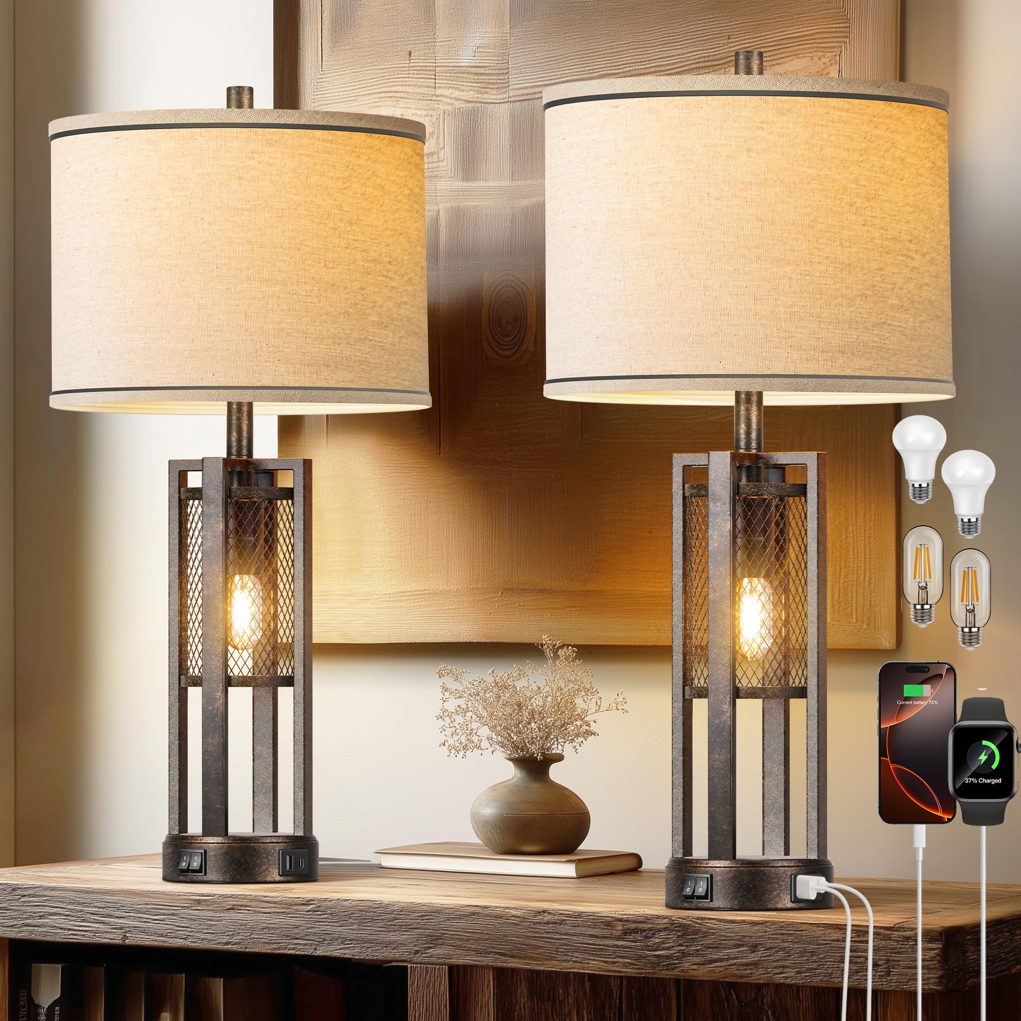 PARTPHONER 28 inch farmhouse lamp set 2 with dual USB ports for bedside charging