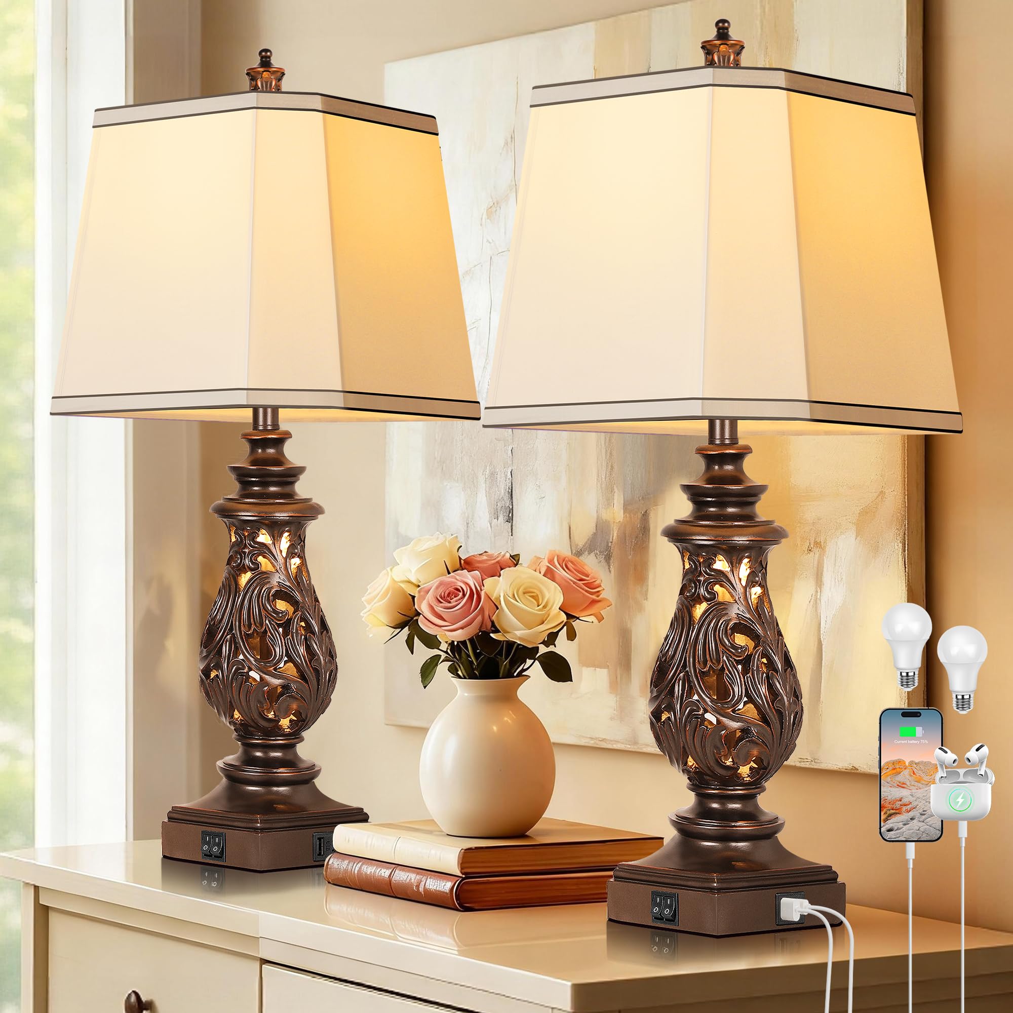 PARTPHONER 29-inch lamps with brown fabric shades for warm farmhouse bedroom lighting