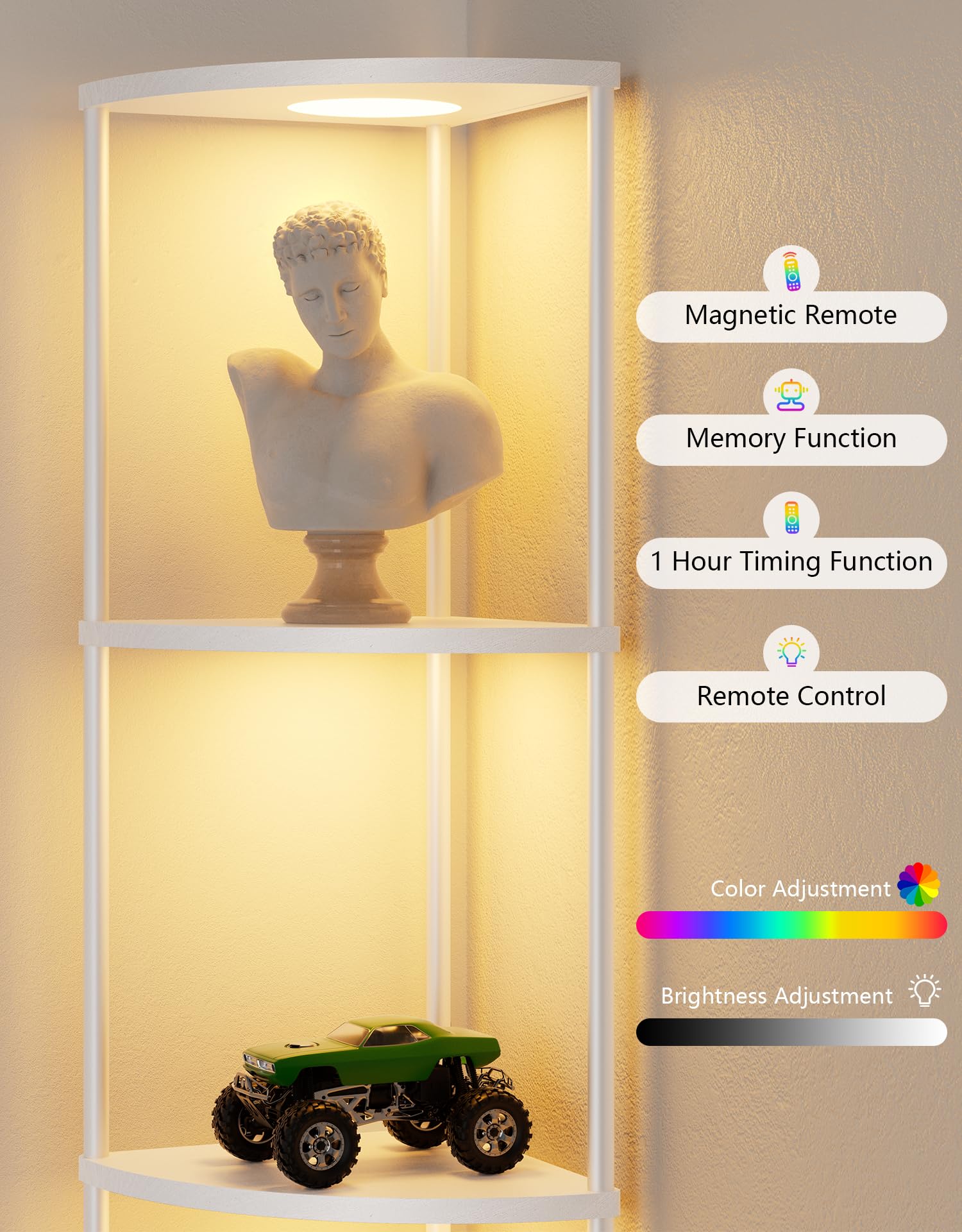 PARTPHONER 5-tier display shelf presents treasures with a warm glow.
