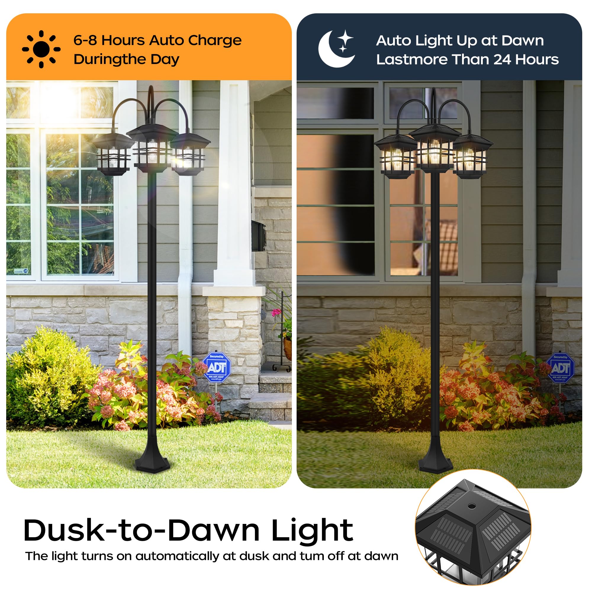 PARTPHONER solar lamp post at dusk with automatic on/off feature for convenience.