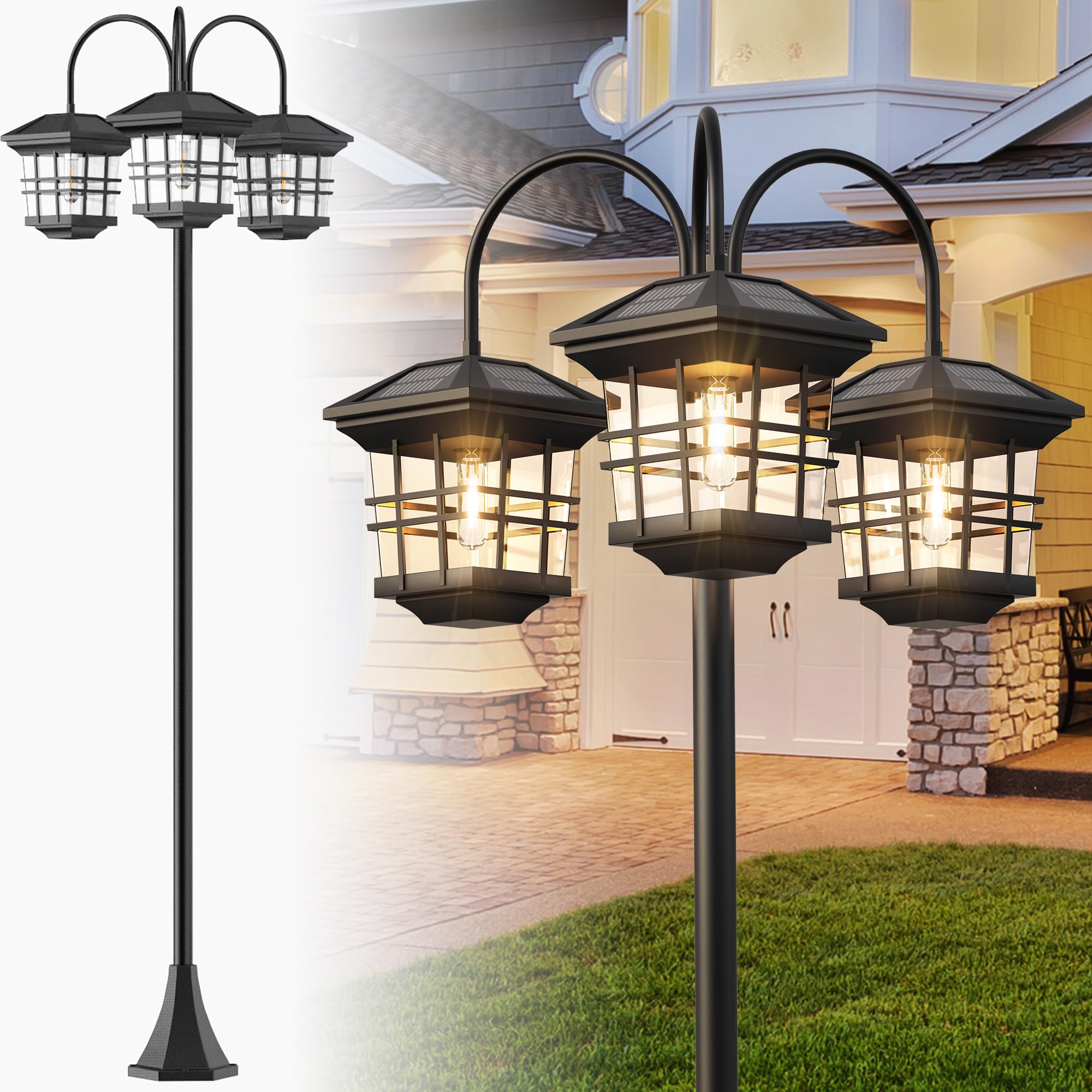 PARTPHONER 76-inch 3-head lamp post in black, ideal for welcoming outdoor lighting.