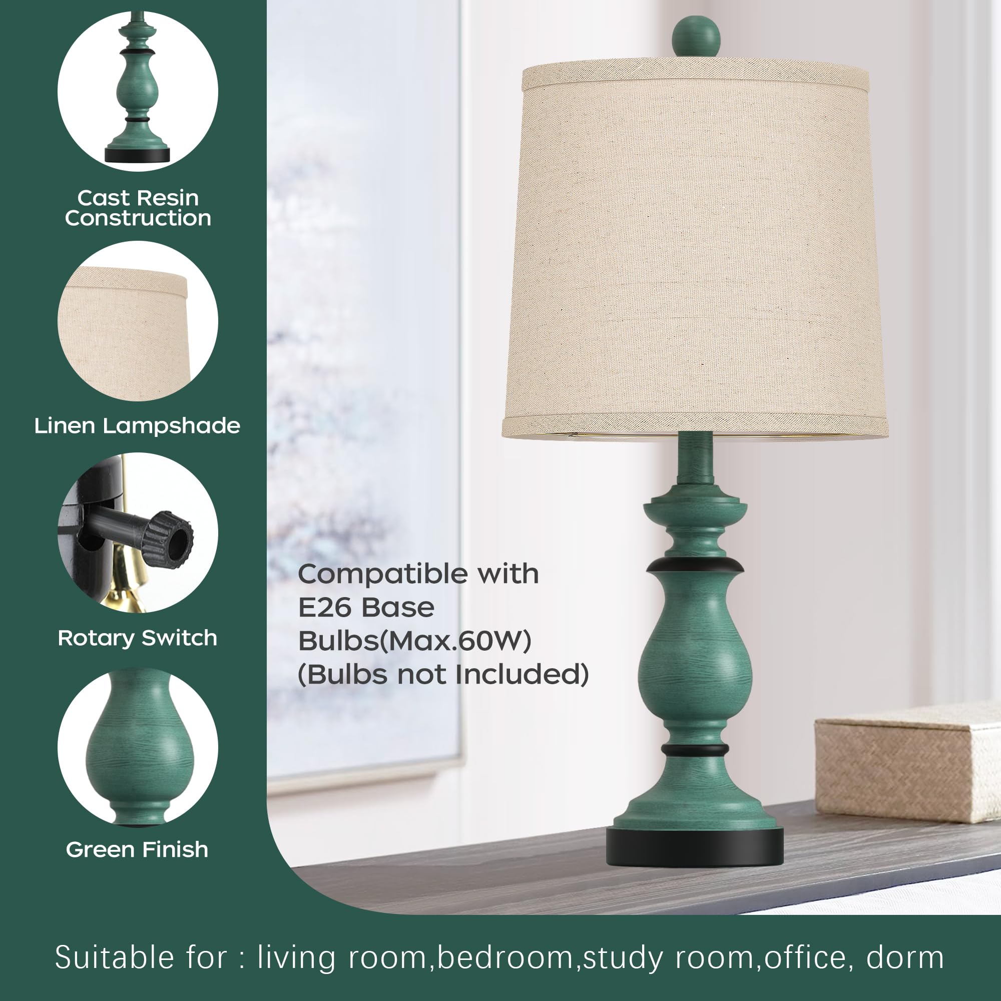 PARTPHONER antique-finish detail highlights timeless bedside lamps.