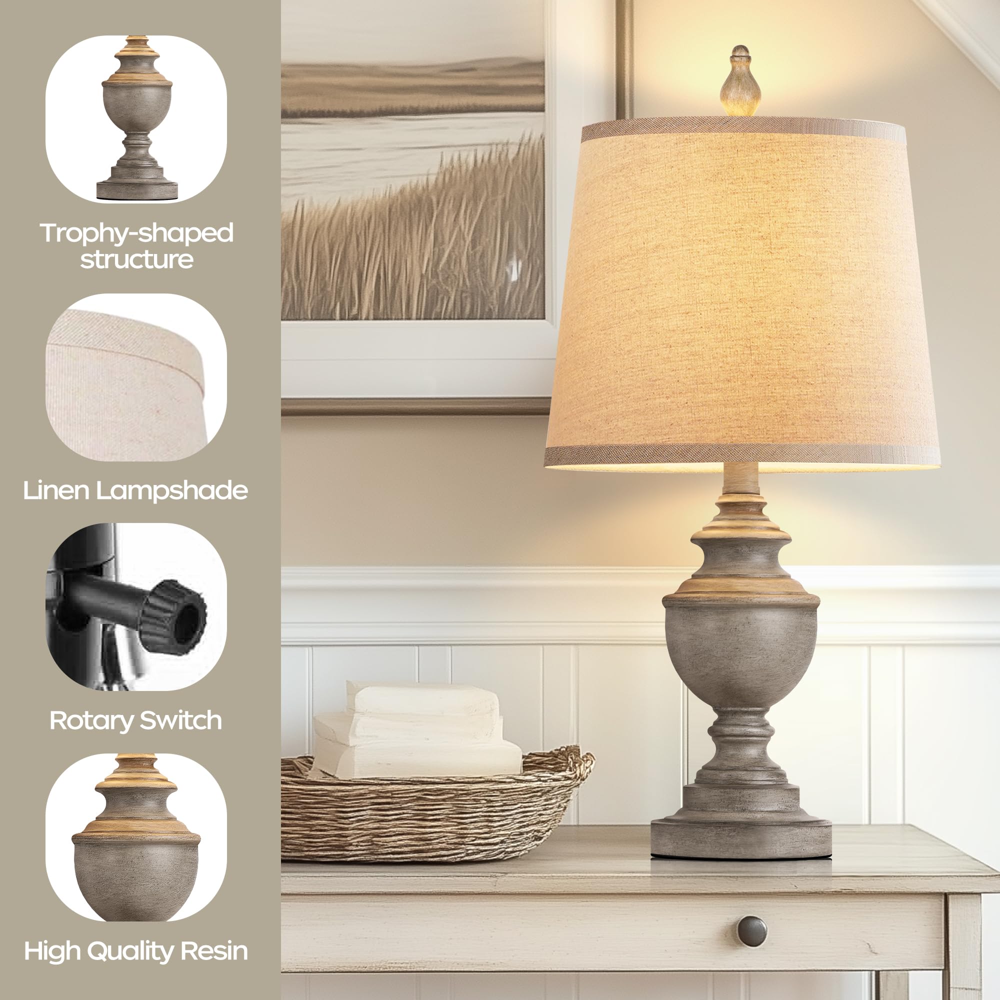 PARTPHONER antique-grey finish detail on bedside lamps